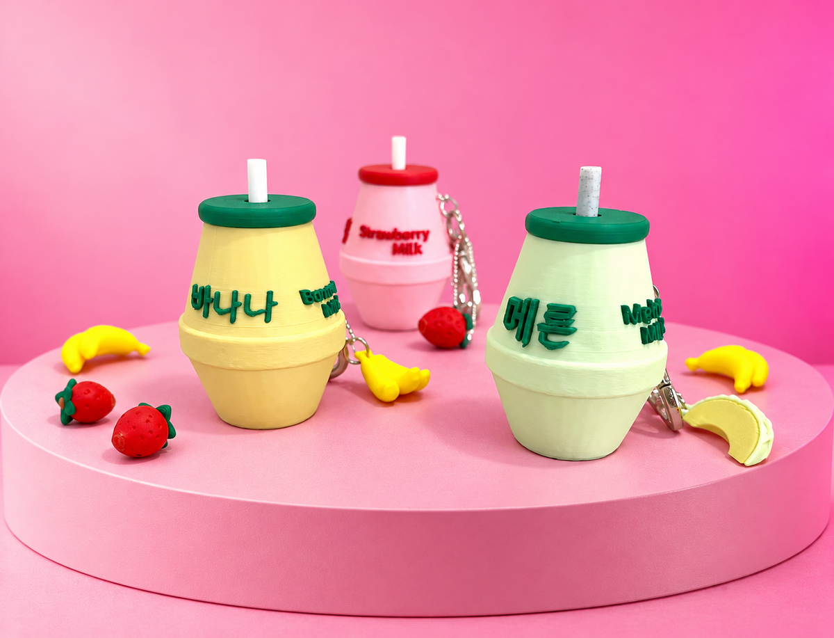 🍓 Sweet Little Sips | Milk Bottle Clicker Keychains + Matching Fruit Charm