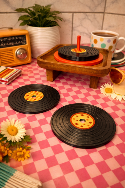 Retro 4 Set Vinyl Record Coasters with Holder