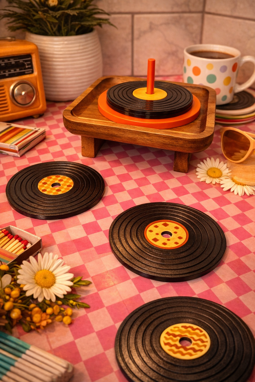 Retro 4 Set Vinyl Record Coasters with Holder