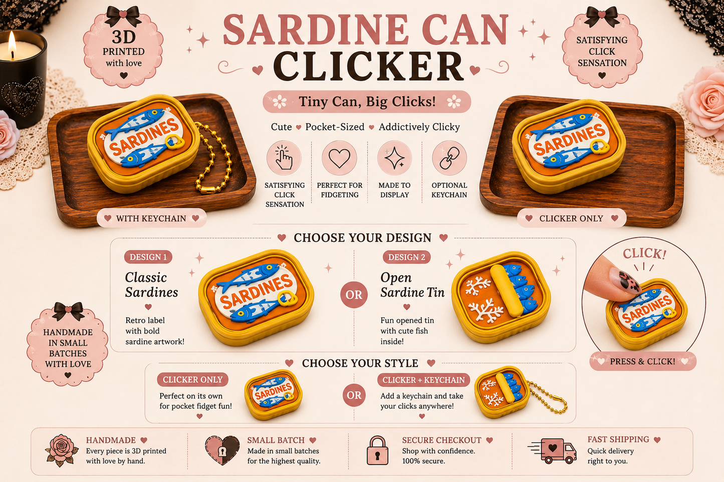 Satisfying Mini Sardines Pocket Keychain Fidget Clicker