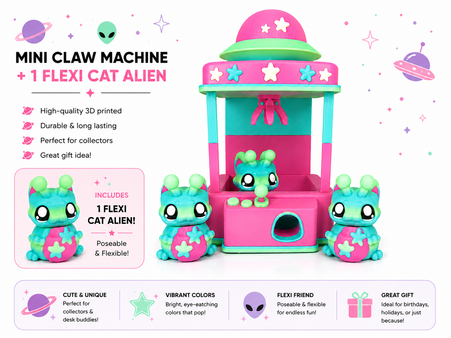 The Claaaww Mini Claw Machine Playset + Flexi Cat Alien🐾🛸