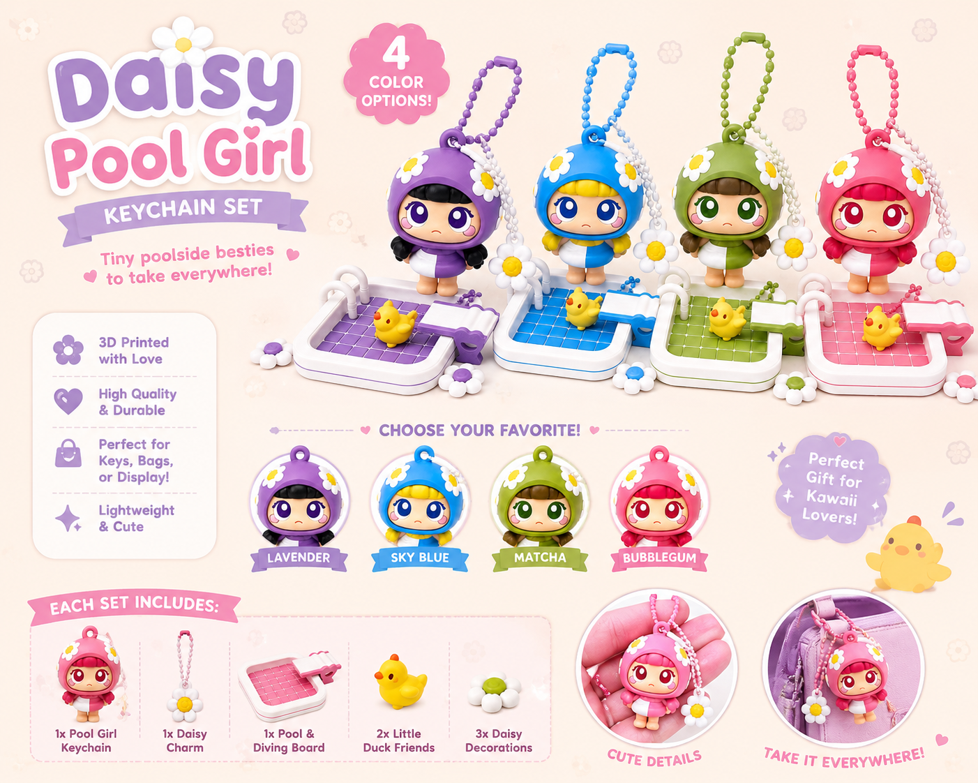 Summer Daisy Pool Girl Keychain| Kawaii Poolside Figure Charm| Bag Charm & Desk Girly