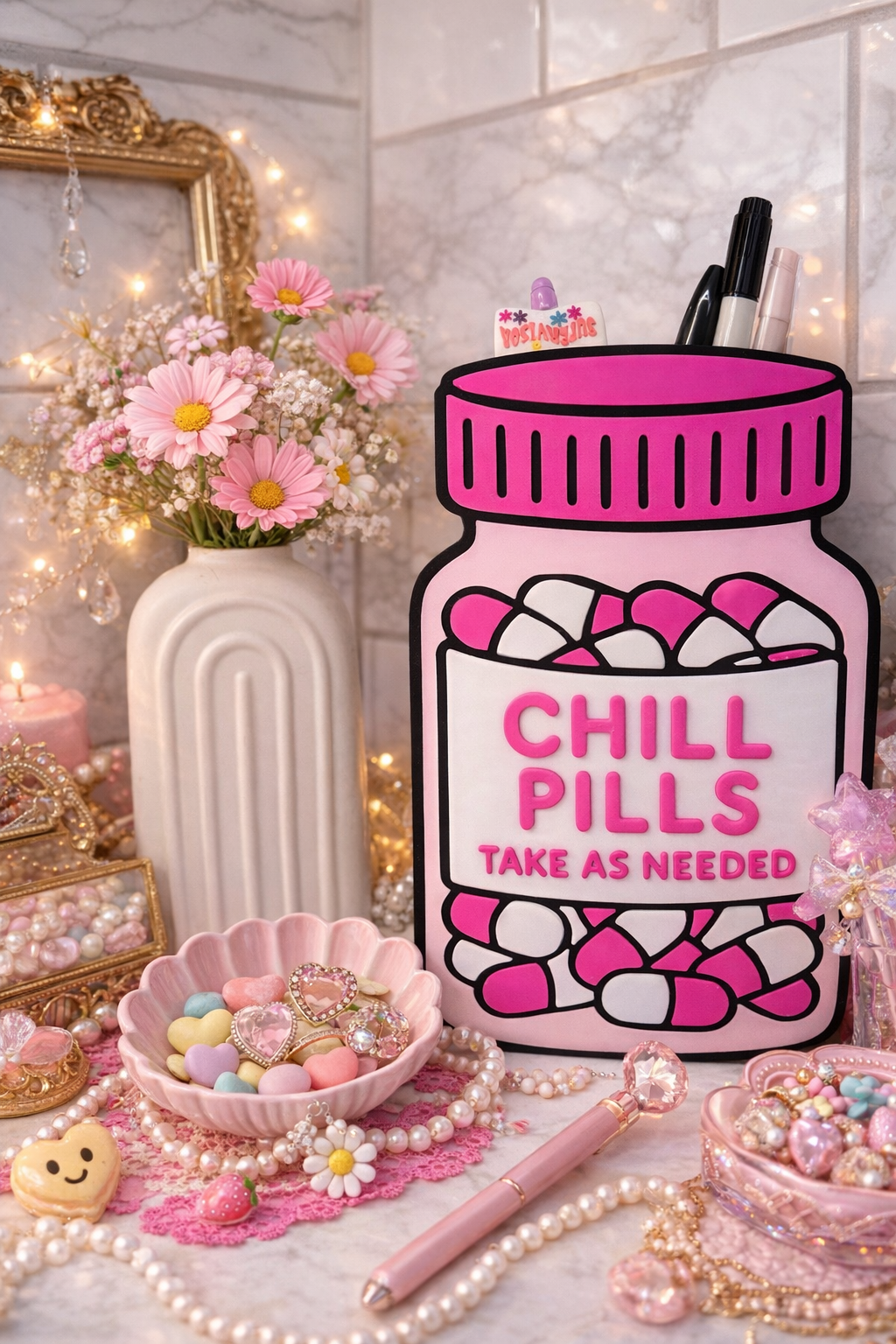 💖 Chill Pills Aesthetic Desk Organizer | Cute Pink Pen Holder | Kawaii Room Decor