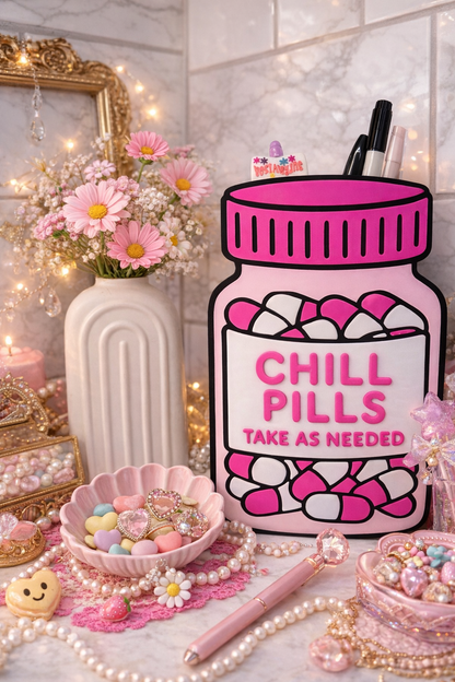💖 Chill Pills Aesthetic Desk Organizer | Cute Pink Pen Holder | Kawaii Room Decor