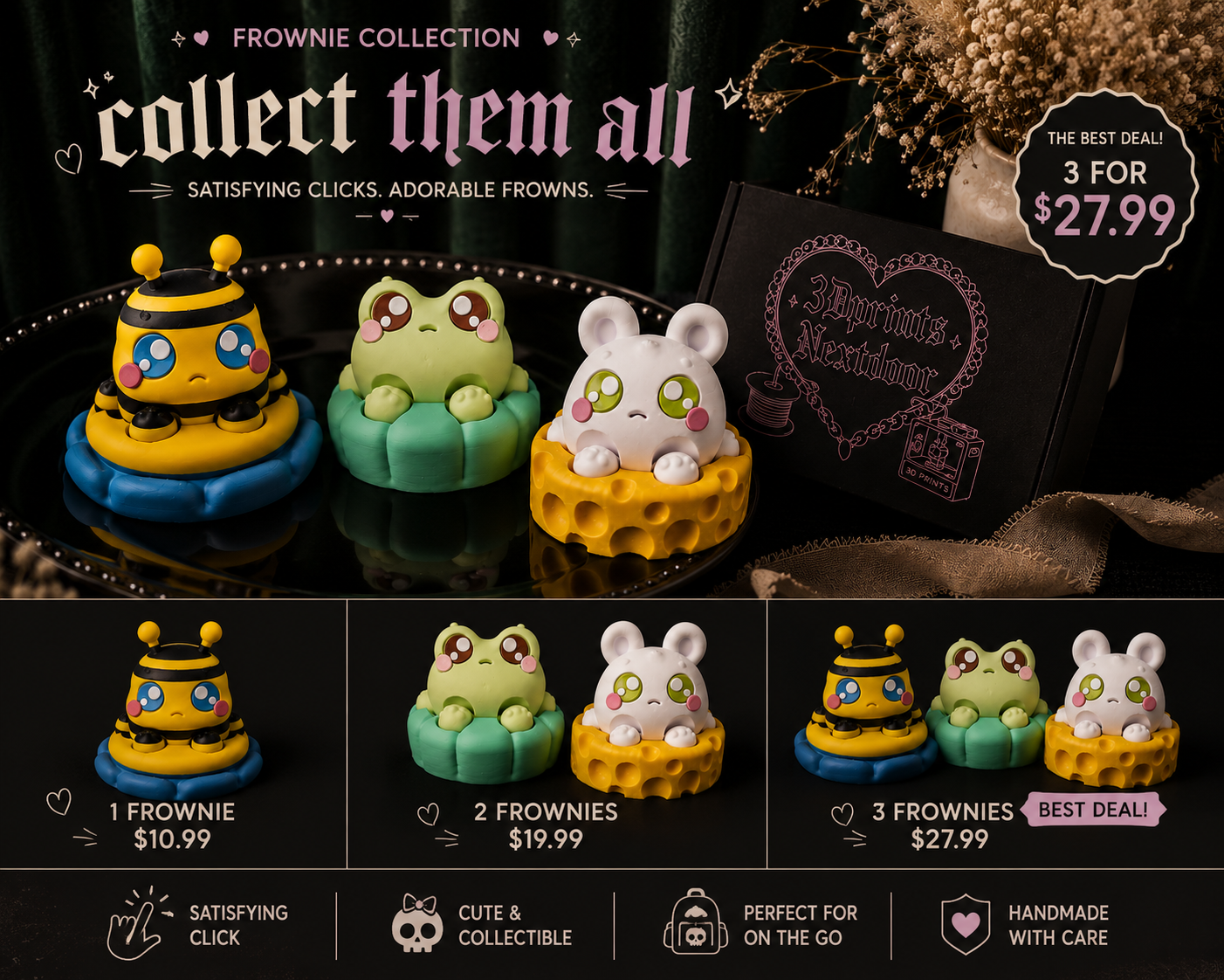 Frownie Desk Buddie Collection Clickers| Kawaii Collectible Fidget Toys