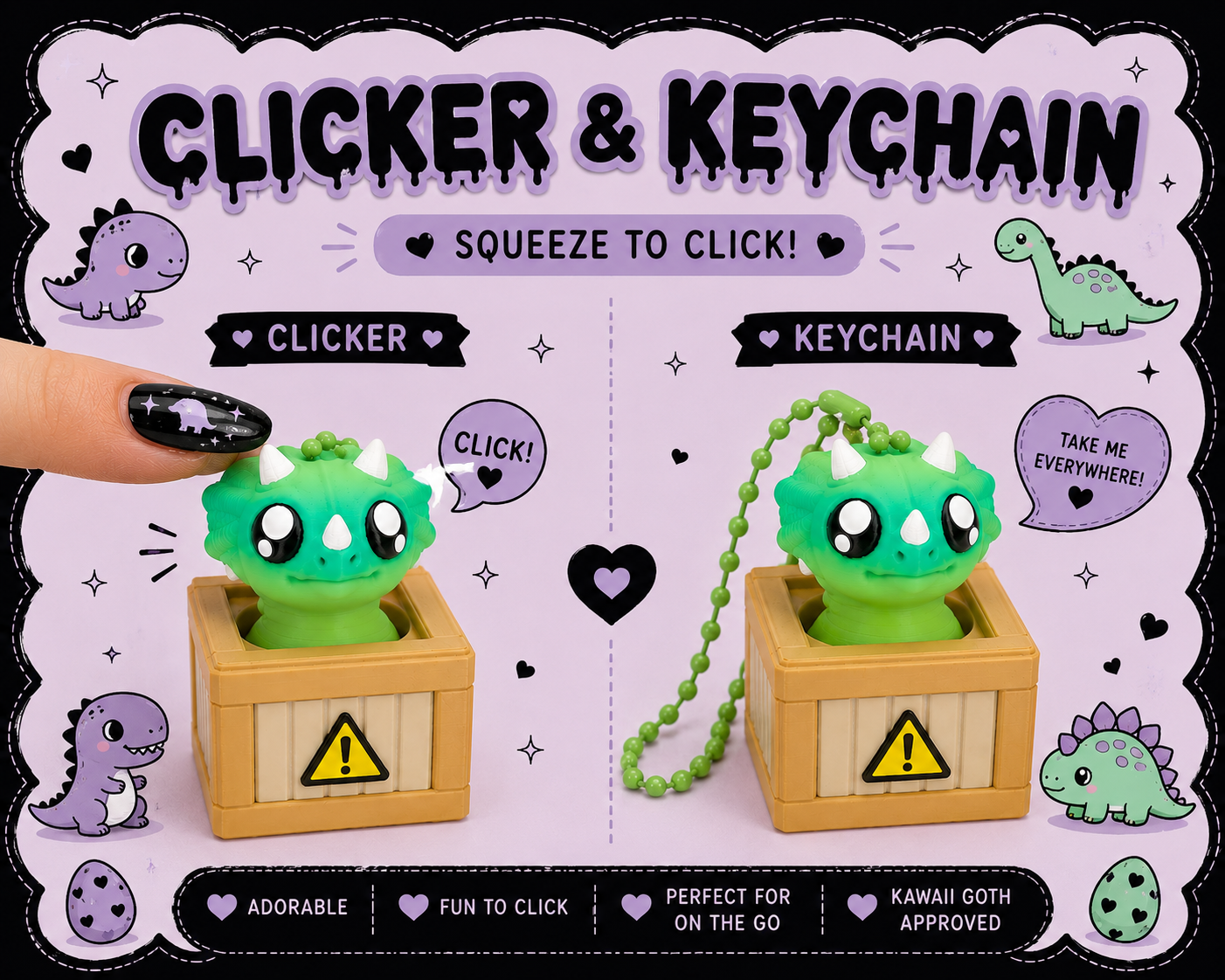 Tiny Dino Crate Clicker Keychains 🦖