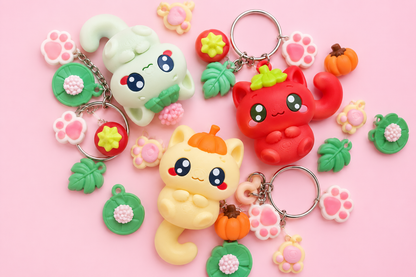 Kiky Kitties Articulated Tail Keychains | Tomato, Lotus & Pumpkin Collectibles🐾