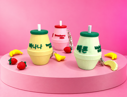 🍓 Sweet Little Sips | Milk Bottle Clicker Keychains + Matching Fruit Charm