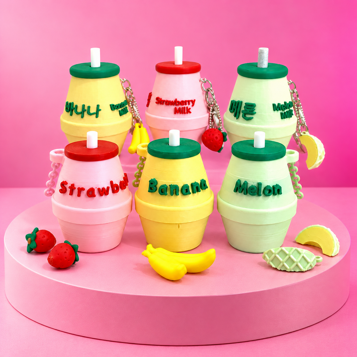 🍓 Sweet Little Sips | Milk Bottle Clicker Keychains + Matching Fruit Charm