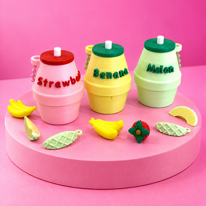 🍓 Sweet Little Sips | Milk Bottle Clicker Keychains + Matching Fruit Charm