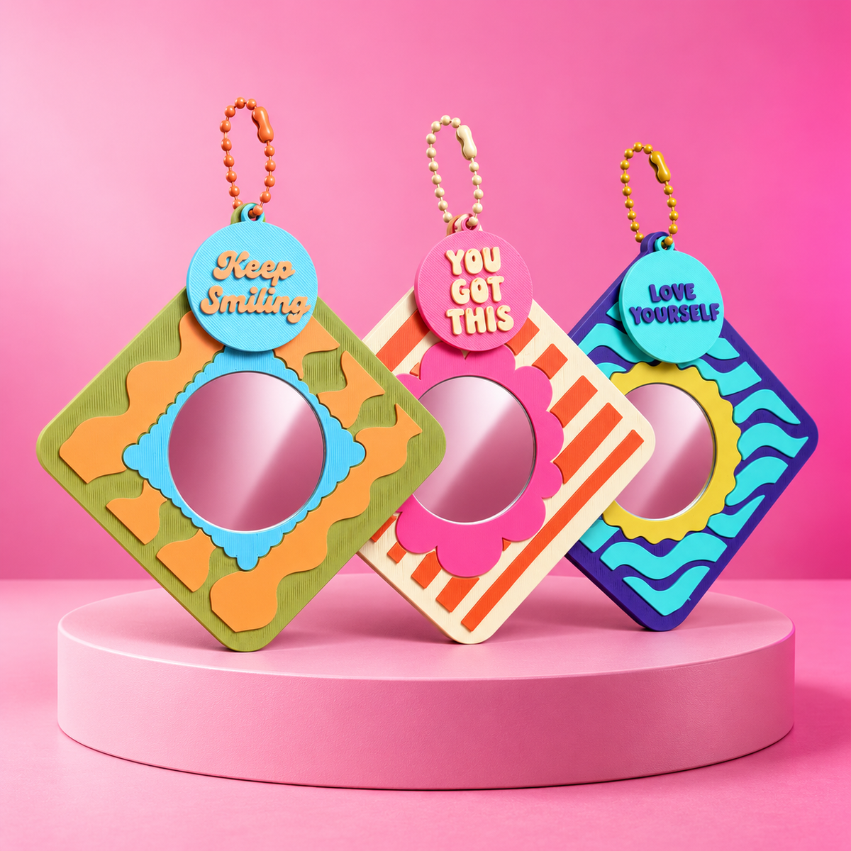🪞✨ Good Vibes Only | Retro Mirror Keychains + Affirmation Charms